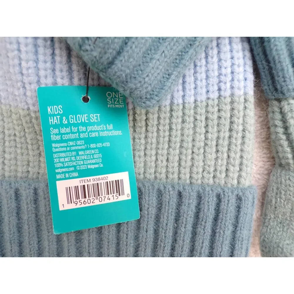 West Loop Girl's Ribbed Hat Mitten Set Pastel Stripes Teal Blue Green Lavender